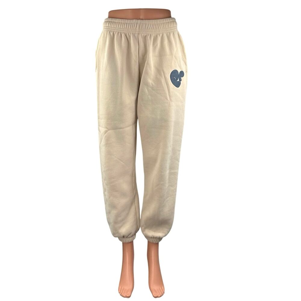Princess Polly Women's Beige Heart High Waisted Fleece Jogger Sweat Pants Size 4